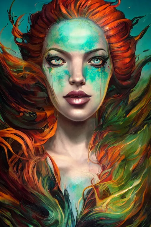 Prompt: upper body portrait shot of green hair tattooed pinup hannah murray, model pose, bright color, sun shining through, sharp focus, highly detailed face, specular reflection, art by anato finnstark and lecouffe deharme and pete mohrbacher and quentin mabille and frank moth, fantasy illustrations, epic light novel cover art