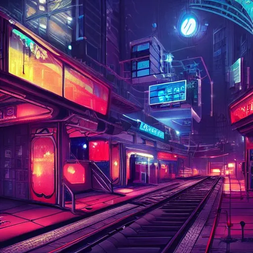 Image similar to a futuristic post - apocalyptic subway city of oriental type with neon lights artstation, illustration