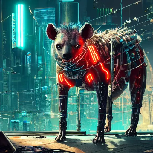 Image similar to cybernetically enhanced hyena, neon lights on body, exposed metal and wires, cyberpunk beksinki style, highly detailed video game concept art for cyberpunk 2 0 7 7