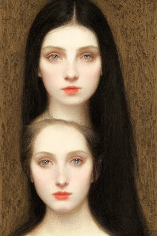 Image similar to picture portrait, young woman's face, long black hair, pale skin, digital render, super-detailed , by Millais