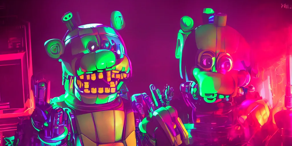 Image similar to fnaf freddy, cyberpunk, rgb, neon, hd, cinematic,