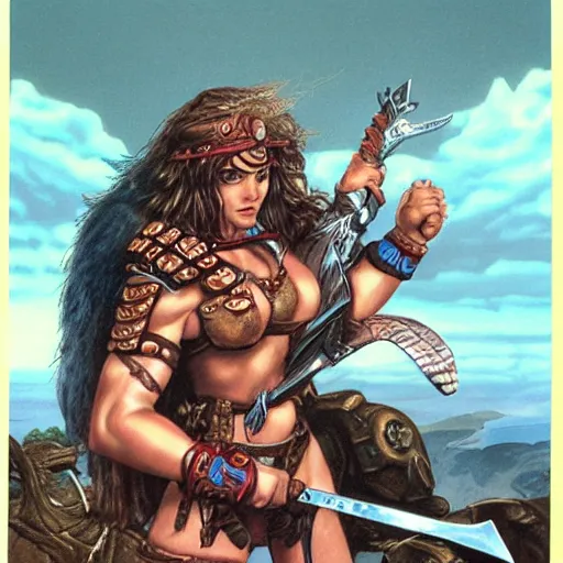 Image similar to a female barbarian posing over a defeated monster, detailed poster by Drew Struzan