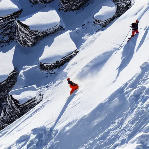 Image similar to skier in orange snow pants and black jacket skiing down a steep mountain face , aerial drone footage,