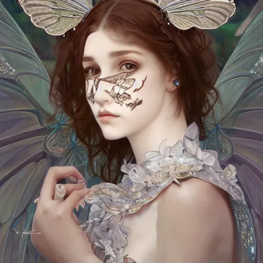 Prompt: a photograpic portrait of a anthropomorphic butterfly wearing white clothes, fantasy, intricate, elegant, highly detailed, digital painting, artstation, concept art, smooth, sharp focus, illustration, art by artgerm and H R Giger and alphonse mucha