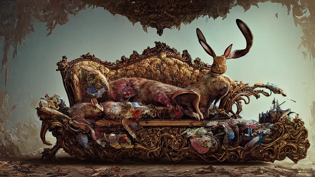 Image similar to a dead rabbit sitting on an ornate victorian couch made out of decomposing animals, intricate, detailed, volumetric lighting, sharp focus, photorealism, digital painting, highly detailed, concept art, by roger dean and simon stalenhag and mark brooks