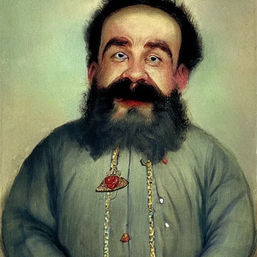 Image similar to a diamond-hungry dwarf with bulging eyes, puffed-out veins with outstretched fingers in the style of Ilya Repin