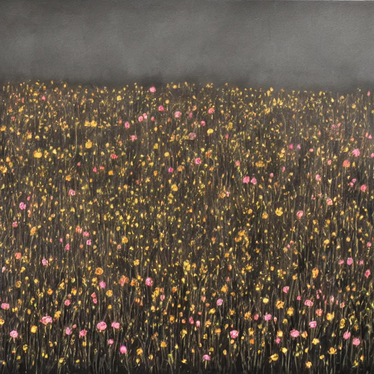 Image similar to dark painting of decaying bones!! in a meadow of flowers