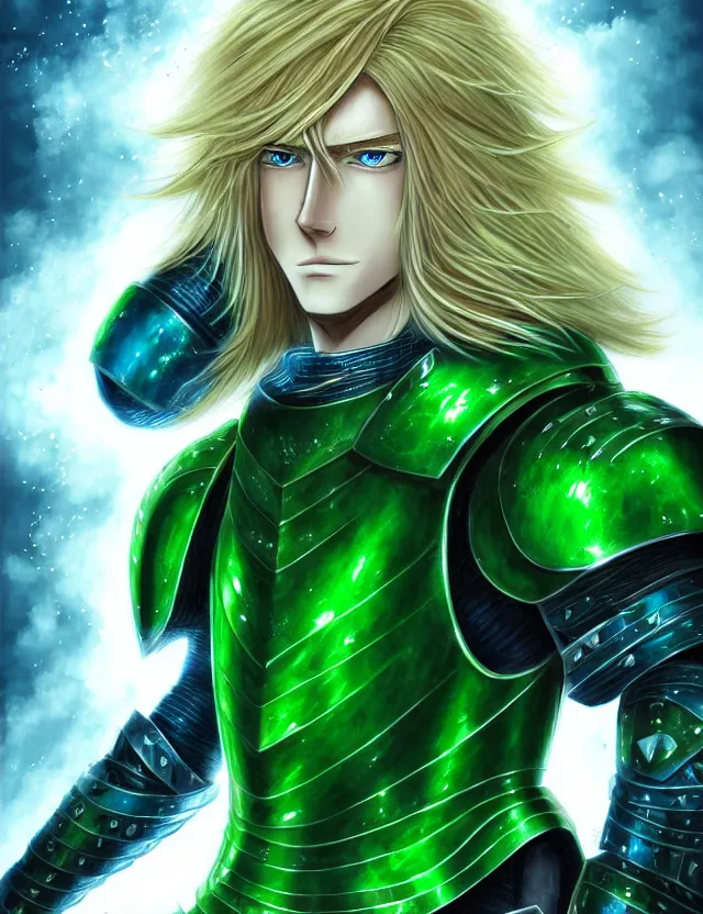 Prompt: a detailed manga portrait of a long haired blonde man with blue eyes in green armour glowing with green energy, trending on artstation, digital art, 4 k resolution, detailed, high quality, sharp focus, hq artwork, coherent, insane detail, character portrait