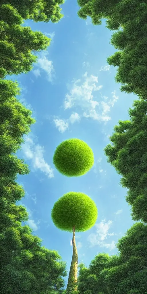 Image similar to an impossibly tall tree with an extremely long trunk and ( single pom - pom shaped canopy ) looming above a modern neighborhood, viewed from below, digital illustration by artgerm and rutkowski and kunstler, surreal, photorealistic