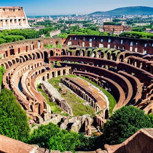 Prompt: a photo of the colosseum of Rome invaded by vegetation, even the surrounding areas of the city are invaded by trees and vegetation, everything seems abandoned.