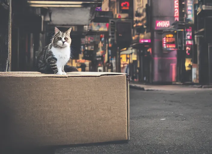 Image similar to photography of a Cat sitting on a box. in a cyberpunk street, award winning photo, 100mm, sharp, high res