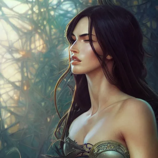 Image similar to ultra realistic illustration, buff megan fox anime, intricate, elegant, highly detailed, digital painting, artstation, concept art, smooth, sharp focus, illustration, art by artgerm and greg rutkowski and alphonse mucha and wlop