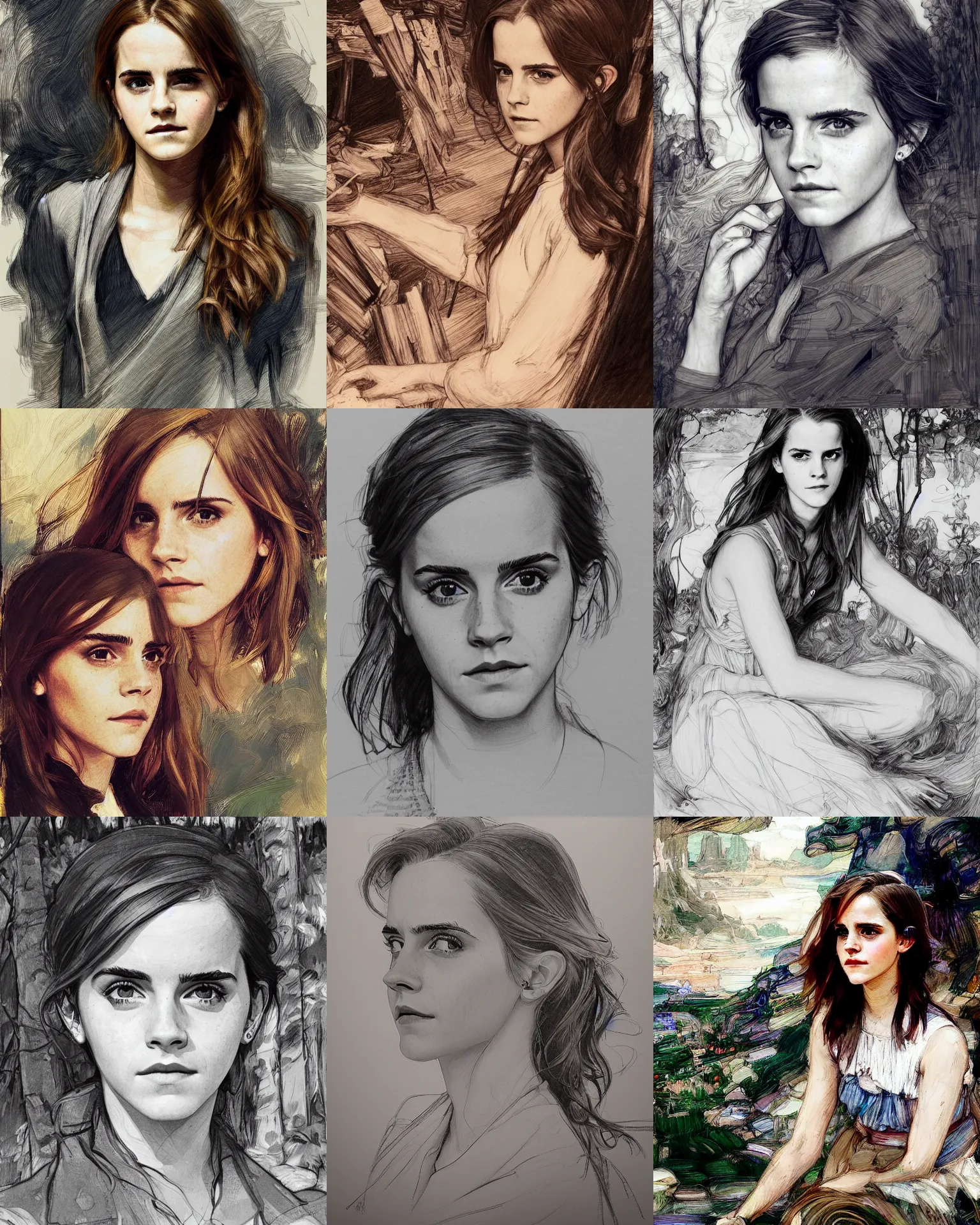 Prompt: emma watson, psychedelic plein air portrait linework underdrawing by richard schmid, thomas moran, john william waterhouse, studio ghibli, donato giancola,