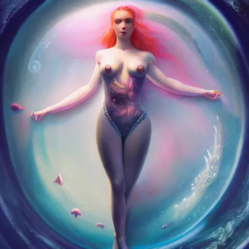 Prompt: By Olga Nikitina and Tom Bagshaw, ultra realist soft painting of an underwater fish universe by night, beautiful mermaid in curvy bodysuit, symmetry accurate features, very intricate details, deep underwater environment, rainbow lighting, volumetric light water