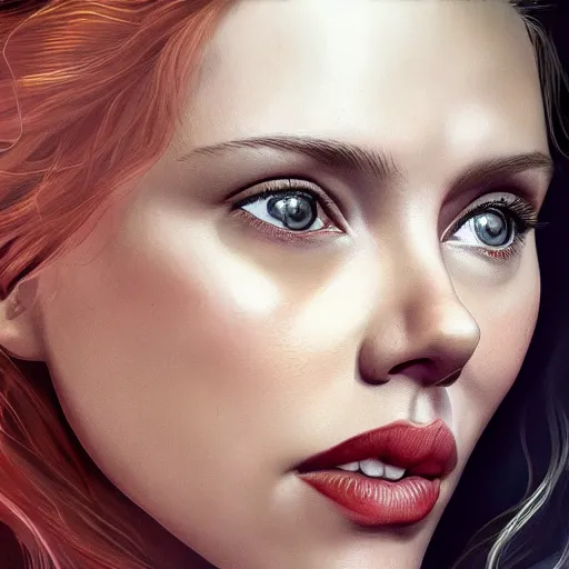 Prompt: Scarlett Johansson and Elizabeth Olsen crossbreed, illustrated and rendered by Xie Boli, trending on artstation, 4k, 8k, photorealistic imagery, photorealistic details, intricate, highly detailed