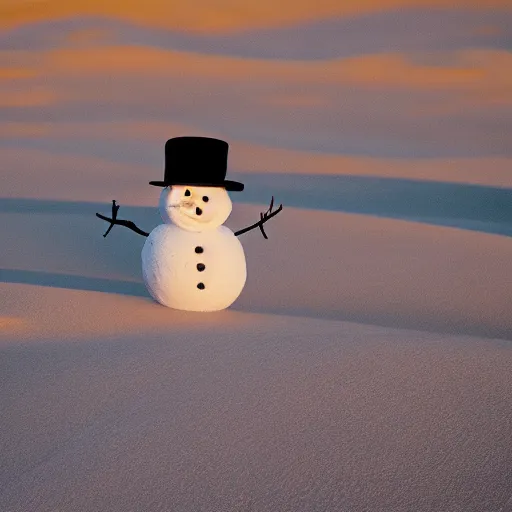 Prompt: a snowman is lost in the desert at sunset, beautiful photography, 8k, ambient light