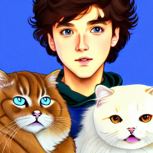 Image similar to teen boy with brown hair and big blue eyes, wearing a hoodie, holding a fluffy white persian cat, natural lighting, path traced, highly detailed, high quality, cartoon, digital painting, by don bluth and ross tran and studio ghibli and alphonse mucha, watercolor background