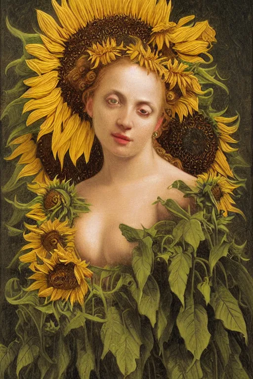 Image similar to hyper realistic painting portrait of the lady of sunflowers, occult diagram, elaborate details, rococo, baroque, gothic, intrincate ornaments, gold decoration, caligraphy, occult art, illuminated manuscript, oil painting, art noveau, in the style of roberto ferri, gustav moreau, jean delville, bussiere, andrew gonzalez, jim harter