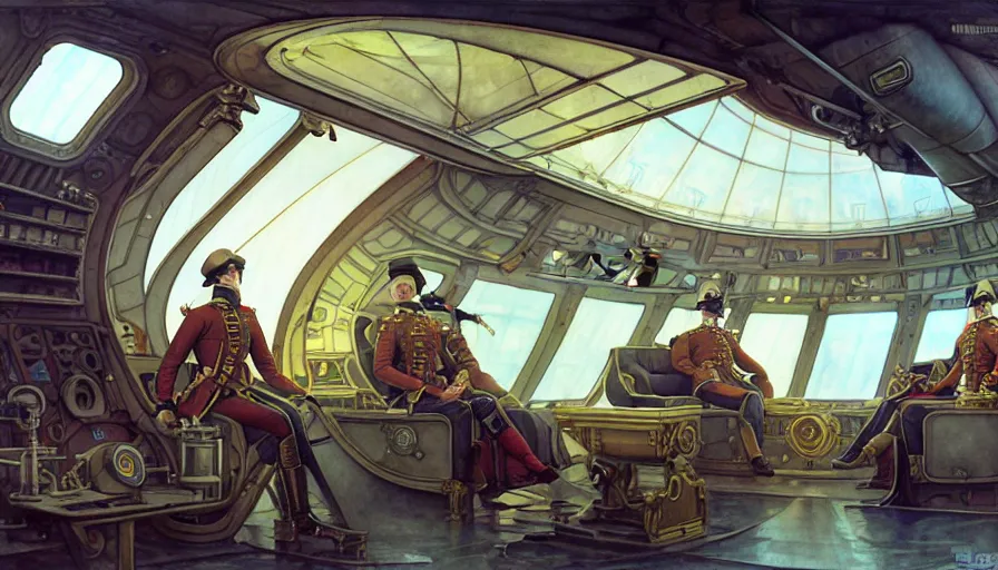 Prompt: airship interior bridge of warship, captain's chair, bridge crew, starship, throne room, french baroque, napoleonic, dieselpunk science fiction, steampunk, command and control center, sharp, concept art watercolor illustration by mandy jurgens and alphonse mucha, dynamic lighting