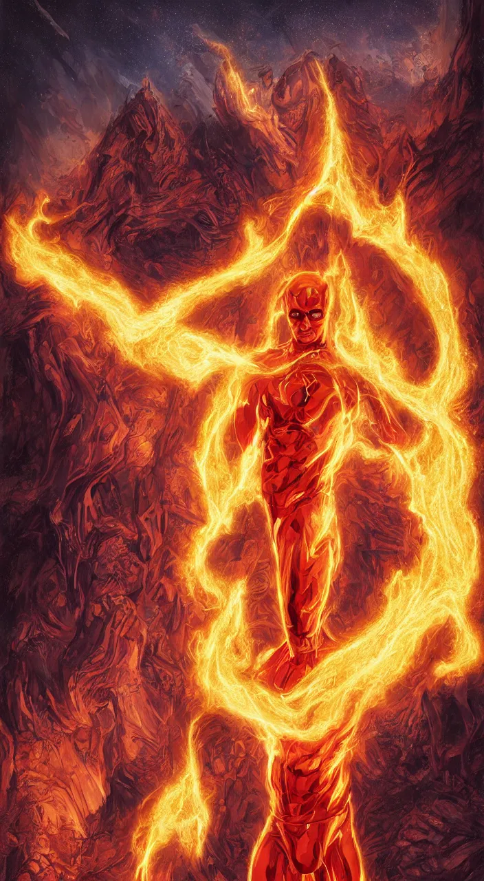 Image similar to full body concept art of Human Torch made with fire sparks by Marc Simonetti + beautiful eyes, beautiful face + symmetry face, symmetry body + border and embellishments inspiried by occult insignia, fractals in the background, galaxy + baroque, gothic, surreal + highly detailed, intricate complexity, epic composition, magical atmosphere + masterpiece, award winning + trending on artstation