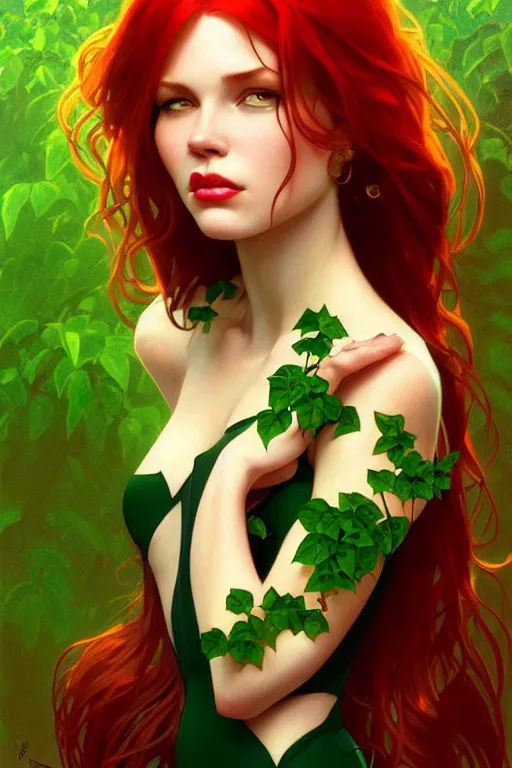 Prompt: a portrait of poison ivy, fantasy, sharp focus, intricate, elegant, digital painting, artstation, matte, highly detailed, concept art, illustration, ambient lighting, art by ilya kuvshinov, artgerm, alphonse mucha, and greg rutkowski