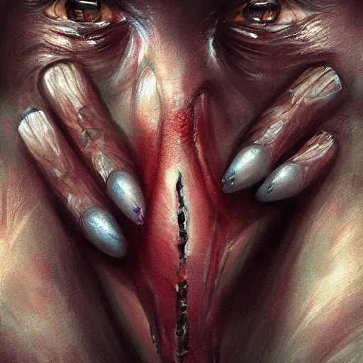 Prompt: Nails and needles pierce human flesh, the person is horrified or embittered, fantasy art, trending on artstation, close-up, digital painting, concept art, smooth, sharp focus, detalied, illustration