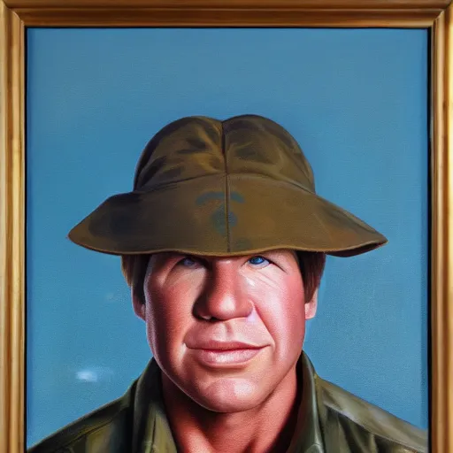 Image similar to a symmetrical portrait of a steve irwin, oil painting, pale colors, high detail, 8 k, wide angle, trending on artstation,