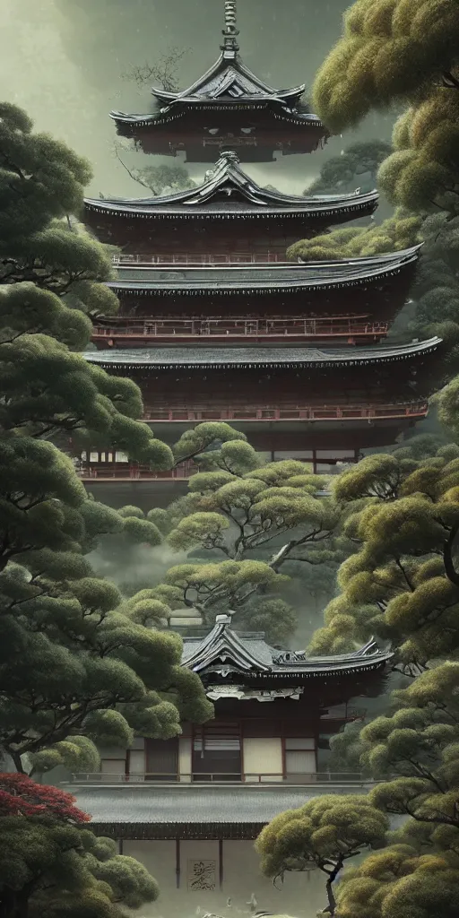 Image similar to japanese style palace under attack, hyper realistic, lush gnarly plants, 8 k, denoised, by greg rutkowski, tom bagshaw, james gurney cozy atmospheric and cinematic lightingg