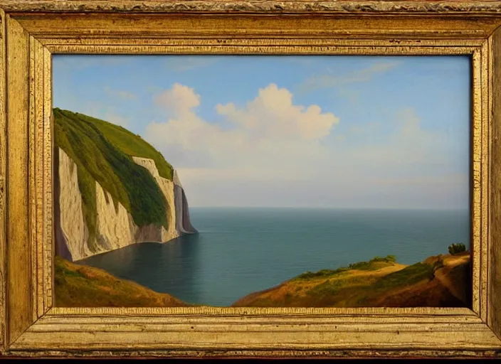 Image similar to cliffs of dover, uk in the style of hudson river school of art, oil on canvas, no frame