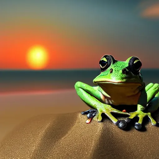 Image similar to frog on the beach with an umbrella next to him, watching a beautiful sunrise, digital art, highly detailed