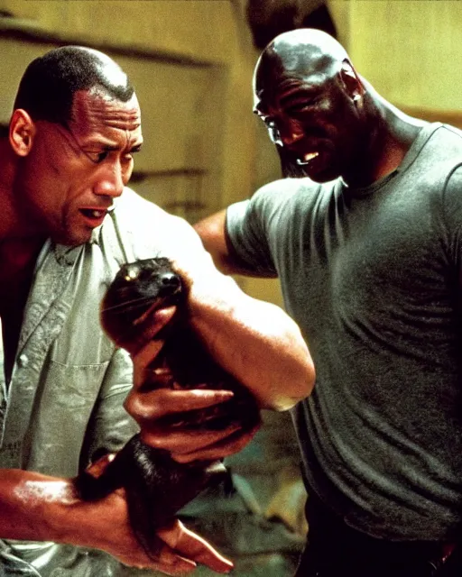 Prompt: film still close - up shot of dwayne johnson as john coffey petting a mouse in the movie the green mile. photographic, photography