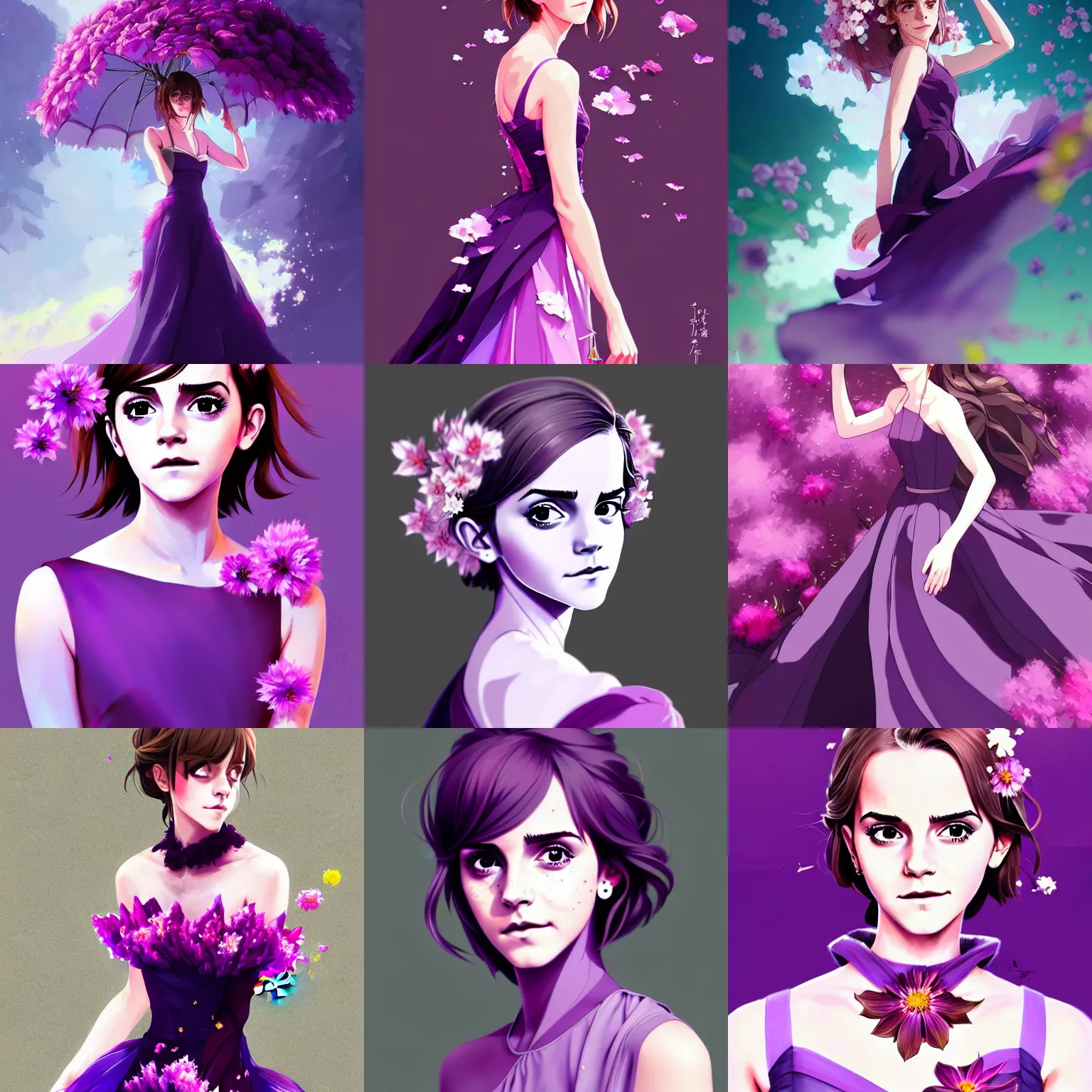 Prompt: emma watson in purple dress, flower explosion, portrait shinkai makoto studio ghibli studio key hideaki anno sakimichan stanley artgerm lau rossdraws james jean marc simonetti elegant highly detailed digital painting artstation pixiv