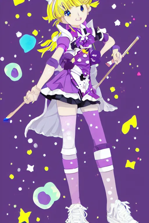 Prompt: A character sheet of an anime magical girl holding a paintbrush with short blond hair and freckles wearing an oversized purple Beret, Purple overall shorts, jester shoes, and white leggings covered in stars. Rainbow accents on outfit. Concept Art. Card captor Sakura inspired. Sailor Moon Inspired. Madoka Magica Inspired. By Naoko Takeuchi. By CLAMP. By WLOP.