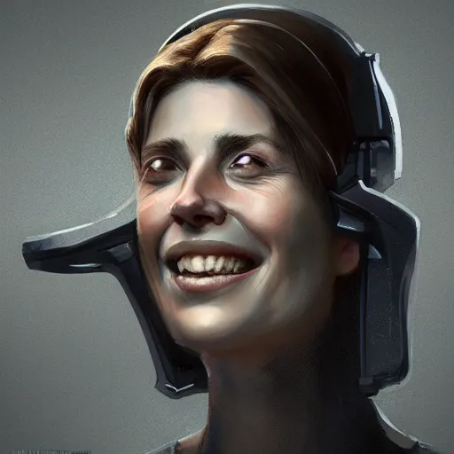 Image similar to Portrait of a woman by Greg Rutkowski, symmetrical face, a woman using a VR Headset covering her eyes, Kubric Stare, crooked and uncanny smile smile, she's wearing an office outfit, highly detailed portrait, scifi, digital painting, artstation, book cover, cyberpunk, concept art, smooth, sharp foccus ilustration, Artstation HQ