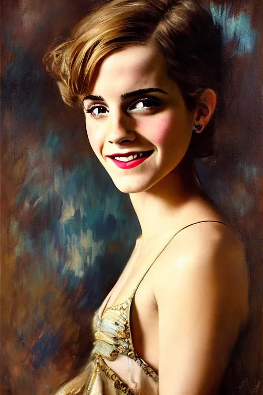 Prompt: emma watson smiling squniting detailed portrait painting by gaston bussiere craig mullins j. c. leyendecker photograph by richard avedon peter lindbergh