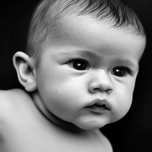 Image similar to portrait of a baby with a chiseled jawline, muscles, and smug expression, looking to the side, dramatic lighting, b&w
