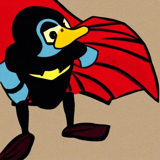 Image similar to An anthropomorphic duck wears a black superhero costume with a black mask and a red cape. Comic book style