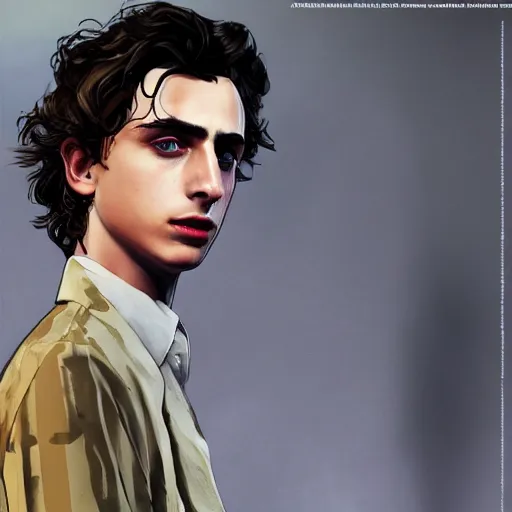 Image similar to timothee chalamet in gta v, cover art by stephen bliss, artstation, no text