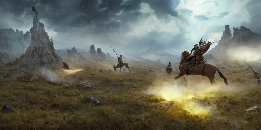 Image similar to an establishing action shot of the ( battle of little bighorn ), majestic horses, action scene, an epic fantasy, dramatic lighting, cinematic, extremely high detail, photorealistic, cinematic lighting, maxwell boas jessica rossier christian dimitrov anton fadeev trending on artstation cgsociety rendered in unreal engine 4 k hq