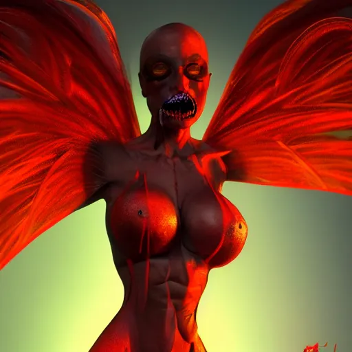 Prompt: hot insect woman, slender and muscular build, large mosquito wings, evil smile and glowing eyes, burning world, hyperdetailed, hyperrealistic, digital art, artstation, concept art, 4 k, 8 k