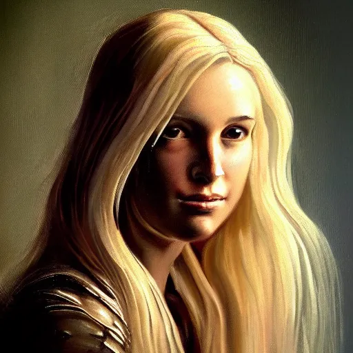 Image similar to samantha benge, a dnd fantasy, chiaroscuro devilish lighting, benge blonde woman perfect epic painting. official portrait, dnd character painting masterpiece. oil on canvas, chiaroscuro style realistic. restored face.