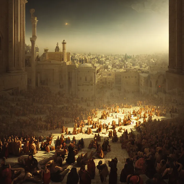 Image similar to judgment day in jerusalem, dream - like atmosphere, symmetrical baroque painting, perfect composition, beautiful detailed intricate insanely detailed octane render trending on artstation, 8 k artistic photography, photorealistic, soft natural volumetric cinematic perfect light, chiaroscuro, award - winning photograph, masterpiece, raphael, caravaggio, greg rutkowski, beeple