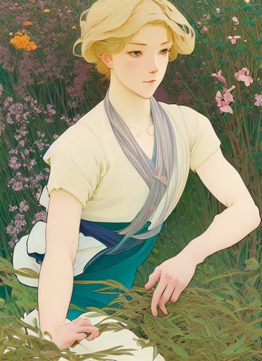 Image similar to pretty young man with shoulder length blond hair, half body shot, path traced, highly detailed, high quality, digital painting, by studio ghibli and alphonse mucha, leesha hannigan, hidari, art nouveau, chiho aoshima