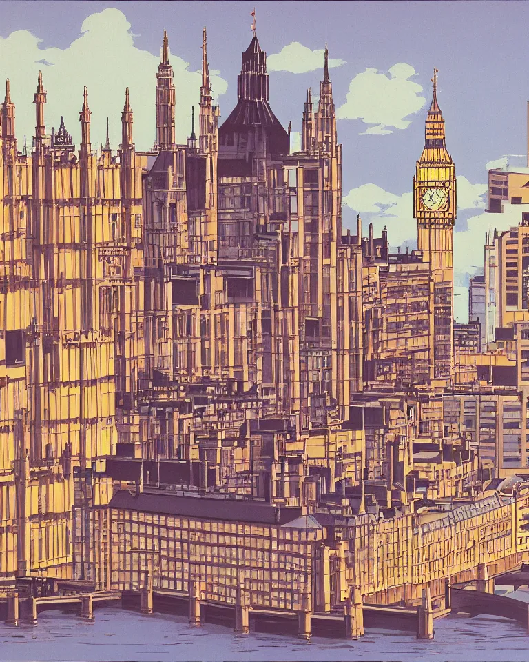 Image similar to city of london, london bridge, big ben, art by hiroshi nagai