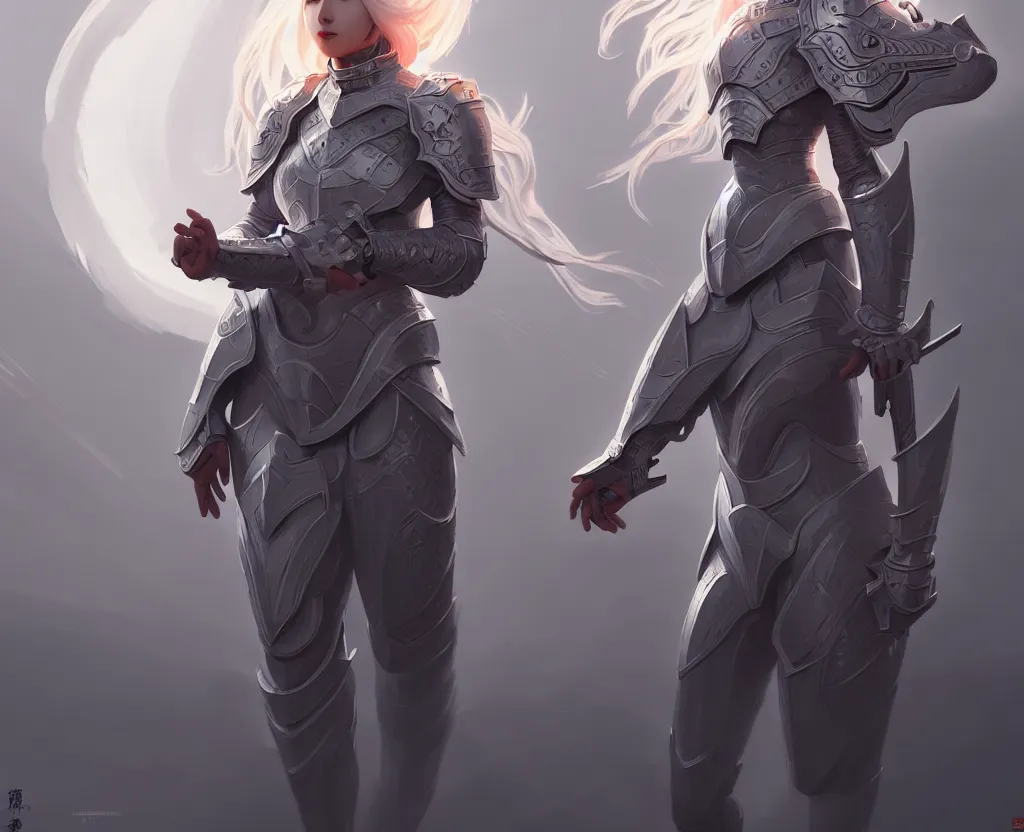 Image similar to portrait full body hero action pose of futuristic light grey color hair female knights of zodiac, abstract chinese dragon concept art, temple background, d & d, highly detailed, digital painting, artstation, sharp focus, illustration, art by tan zi and ayanamikodon and alphonse mucha and wlop