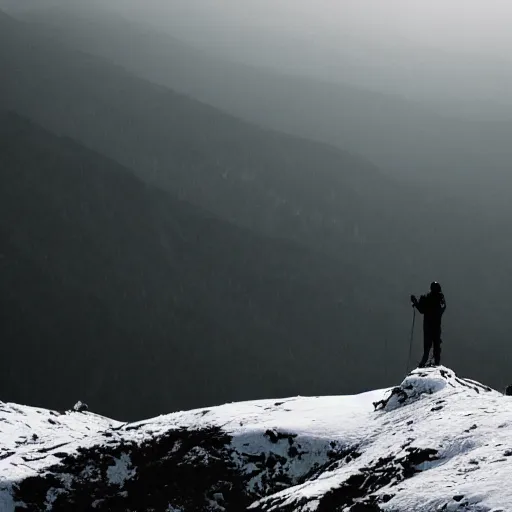 Prompt: man on snowy mountain, simple, mysterious