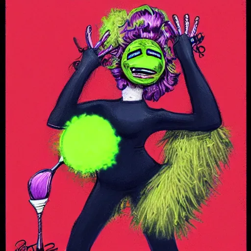 Image similar to a Paris Hilton, woman, paris hilton tennis ball monster, tennis ball, chalk, digital art, fantasy, magic, trending on artstation, ultra detailed, professional illustration by Basil Gogos