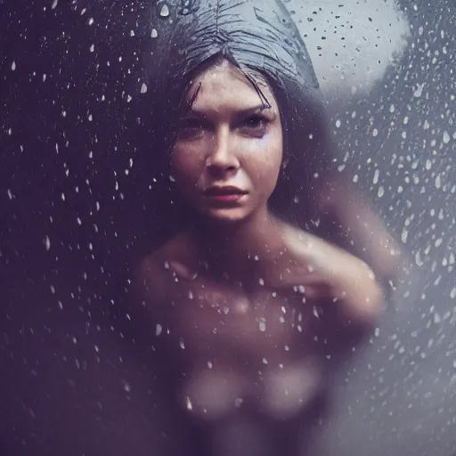 Prompt: Gorgeous primitive woman with a ginormous rock overhead, holding her hands out to the camera, in a rainy environment, fisheye!!!!! lens!!!!!, rainy and wet atmosphere, closeup, dark and grim lighting, trending on artstation, 4k, 8k