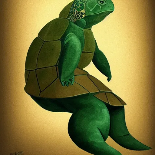 Image similar to painting of a woman sitting in front of a giant turtle in contemplation. green muted colour scheme. trending on artstation. detailed.