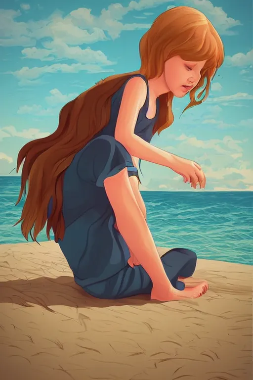 Image similar to a little girl sit beach. clean cel shaded vector art. illustration art by lois van baarle and helen huang and artgerm